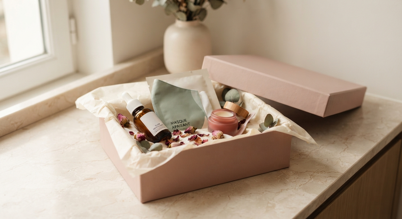 Box beauté Éclose ouverte avec sérum, masque et baume